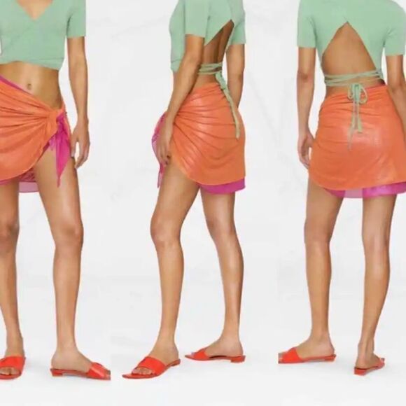 NWT OSEREE SWIMWEAR | Lamé Double Mini Pareo Skirt In orange & Fuscia  Size M/L - Picture 1 of 10